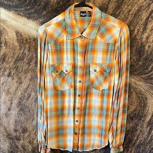 Orange and green plaid button down
